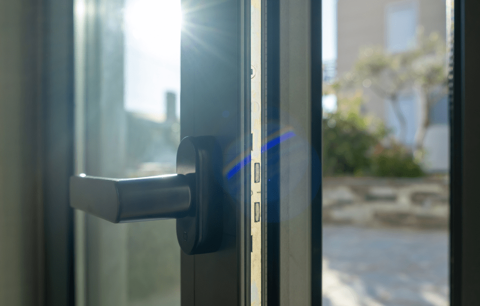 Puerta de aluminio de una casa donde se puede apreciar la luz solar que entra