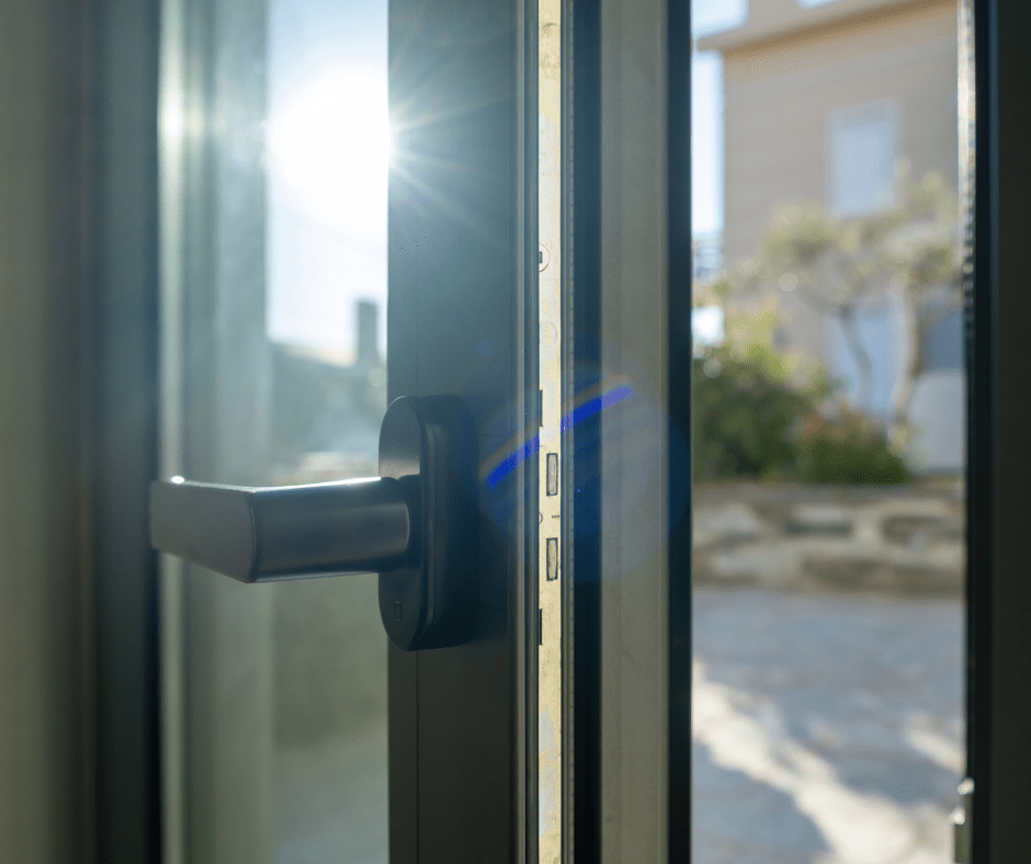 Puerta de aluminio de una casa donde se puede apreciar la luz solar que entra